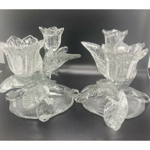 1930's Set 2 Crystal Cambridge Art Glass Everglades 2-light Candlestick Holders